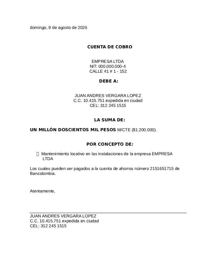 Formato Cuenta de Cobro
