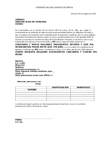 Formato No Declarante de Renta